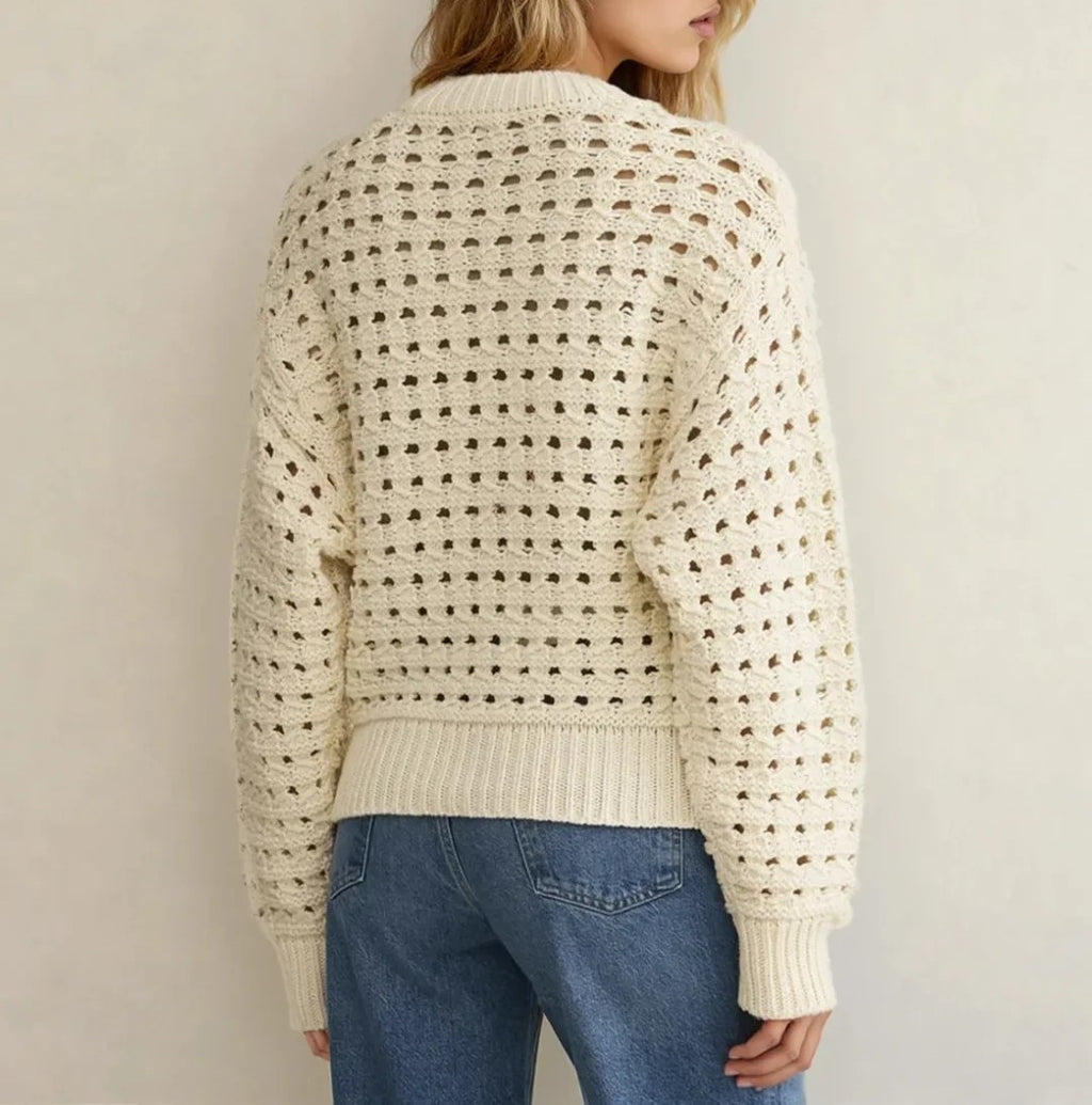 Open‑Knit Zip‑Front Cropped Cardigan Sweater