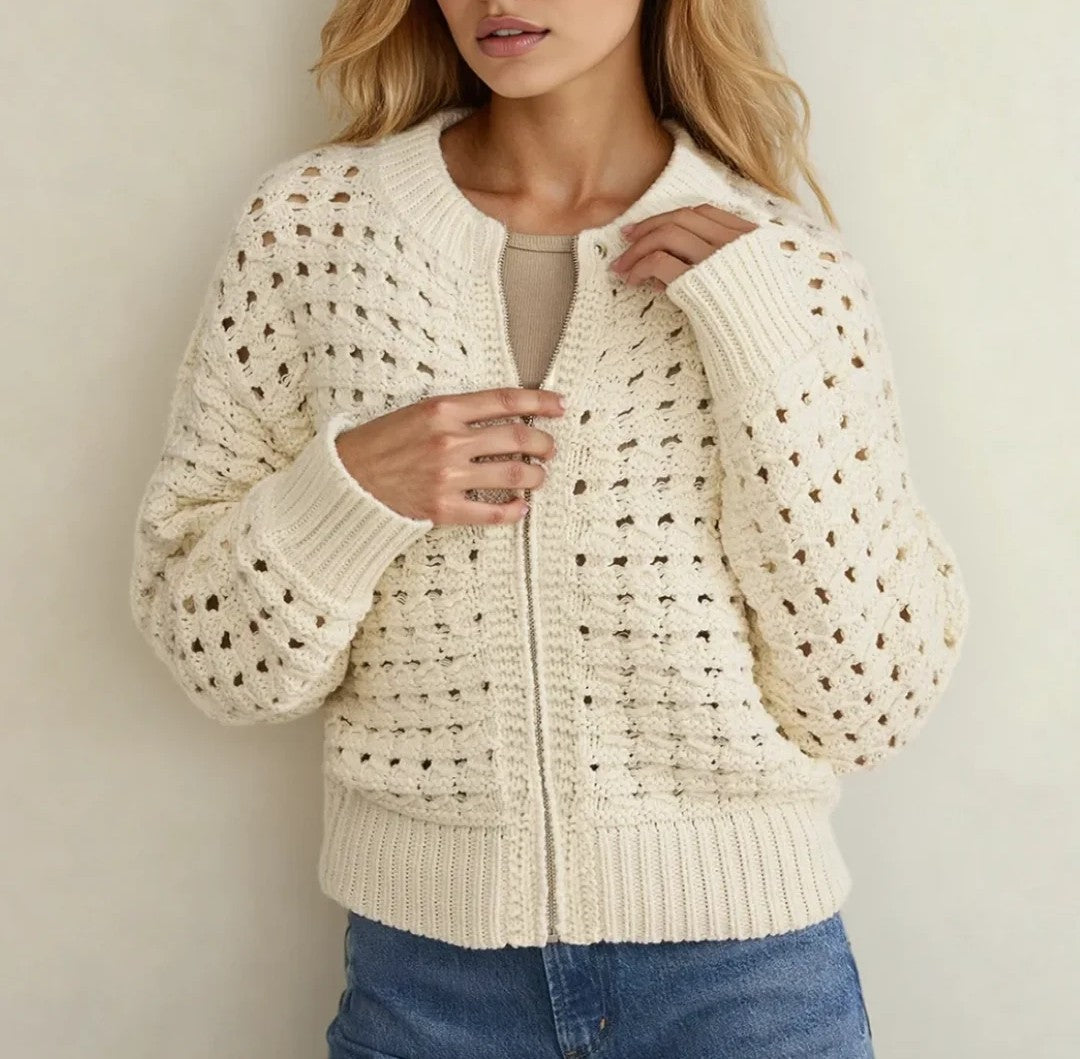 Open‑Knit Zip‑Front Cropped Cardigan Sweater