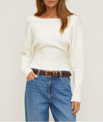 Cinched Boat‑Neck Dolman Sleeve Knit Sweater