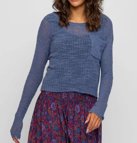 Cropped Semi‑Sheer Knit Long Sleeve Top
