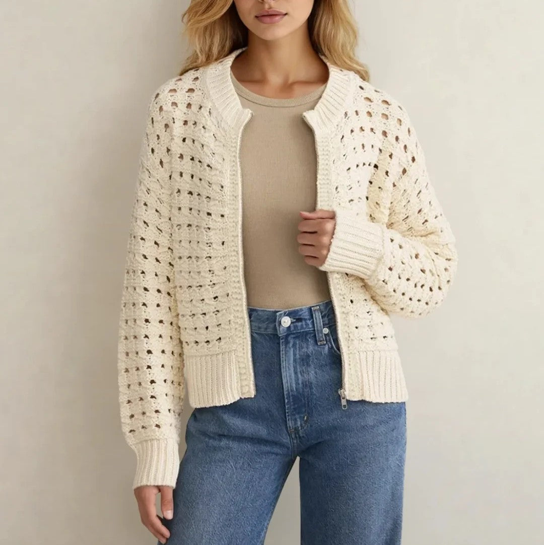 Open‑Knit Zip‑Front Cropped Cardigan Sweater