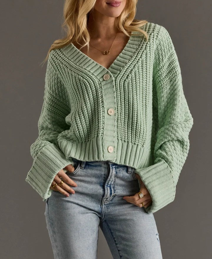 Mint Textured Knit Cropped Button‑Up V‑Neck Cardigan