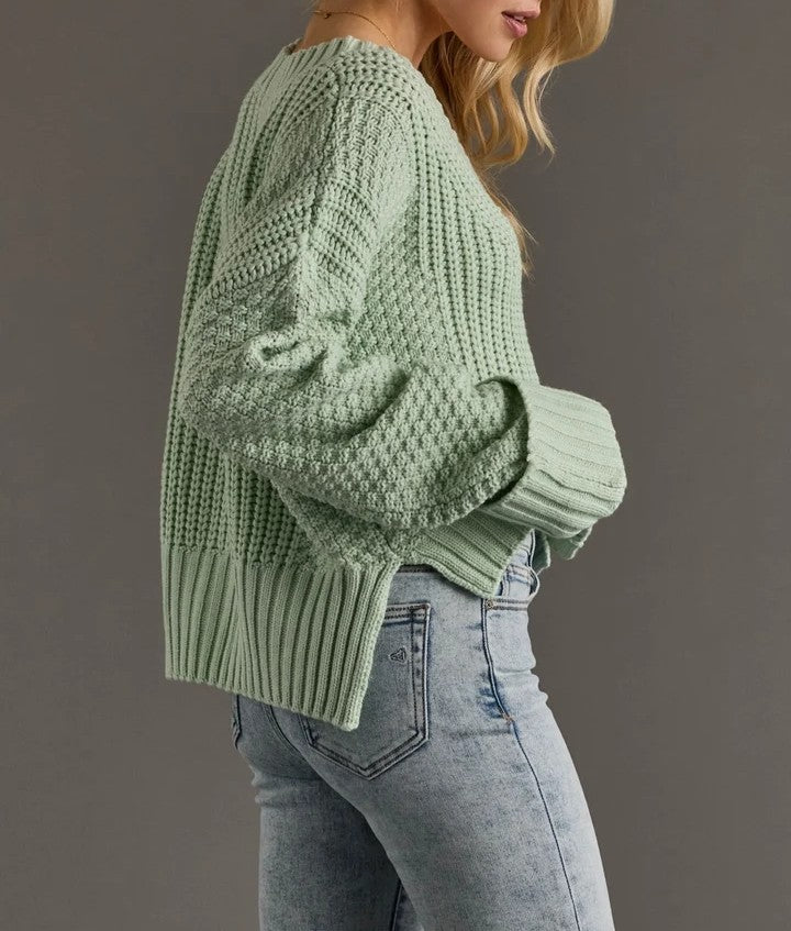 Mint Textured Knit Cropped Button‑Up V‑Neck Cardigan