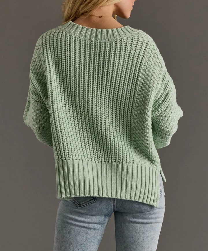 Mint Textured Knit Cropped Button‑Up V‑Neck Cardigan