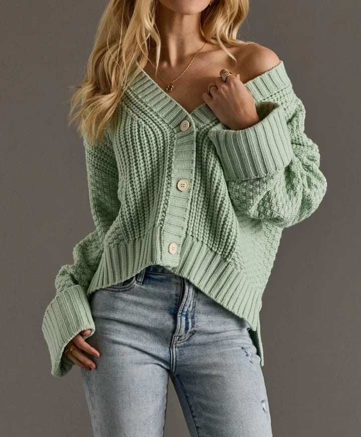 Mint Textured Knit Cropped Button‑Up V‑Neck Cardigan