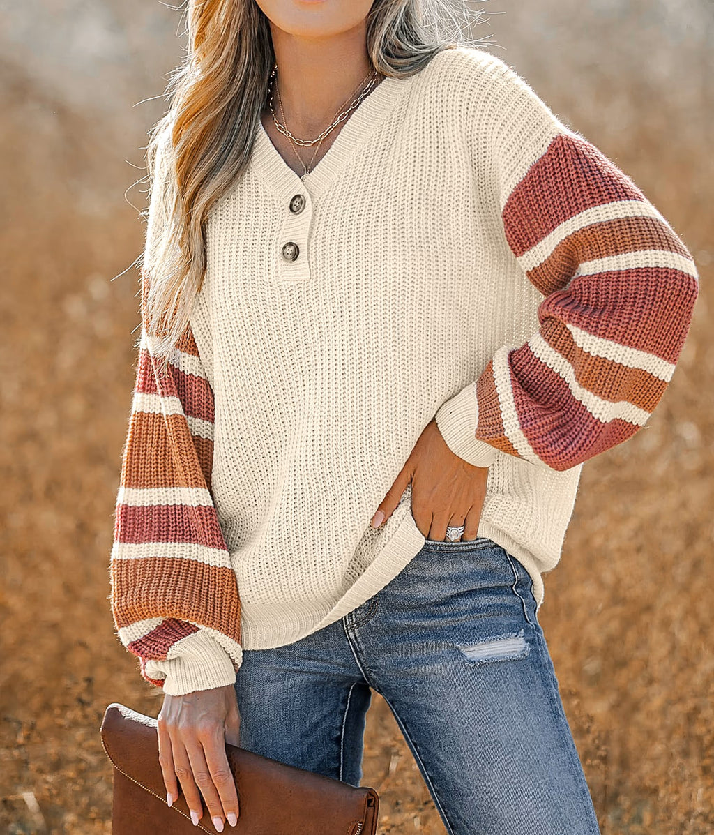 V‑Neck Partial Striped Button Accent Knit Sweater