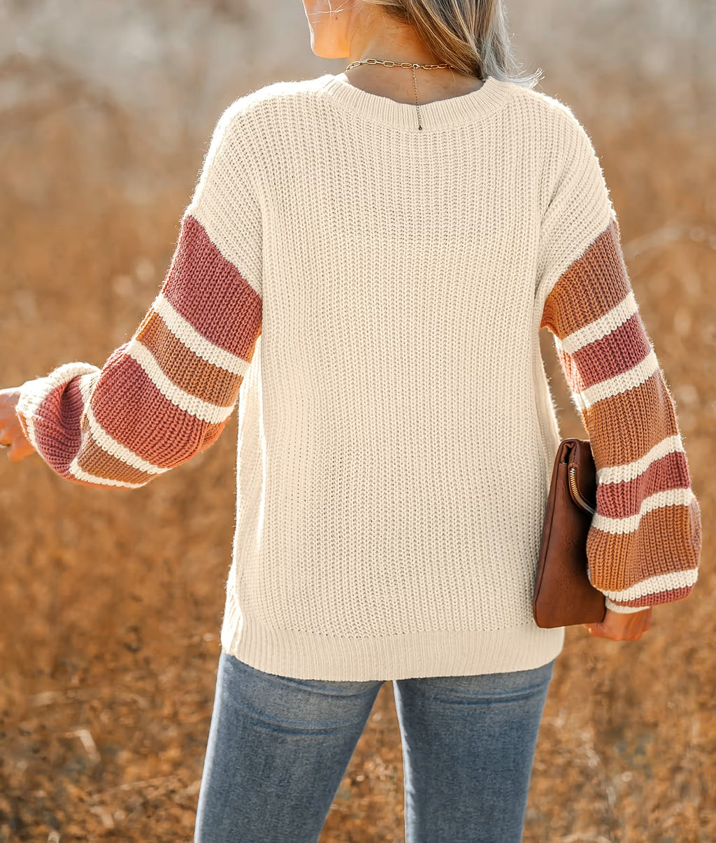 V‑Neck Partial Striped Button Accent Knit Sweater