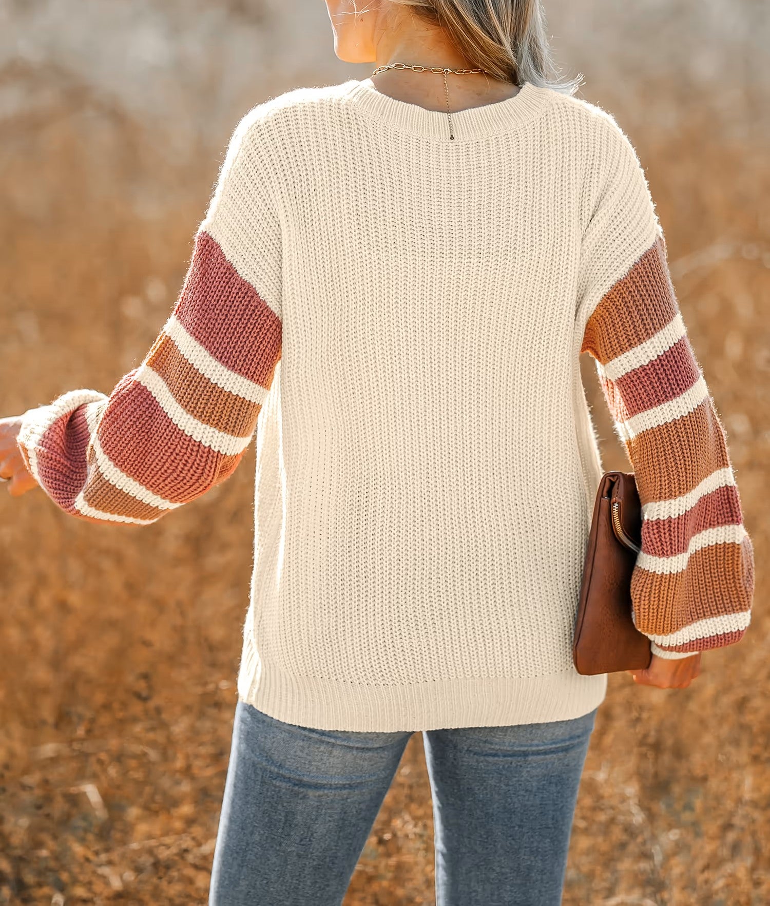 V‑Neck Partial Striped Button Accent Knit Sweater
