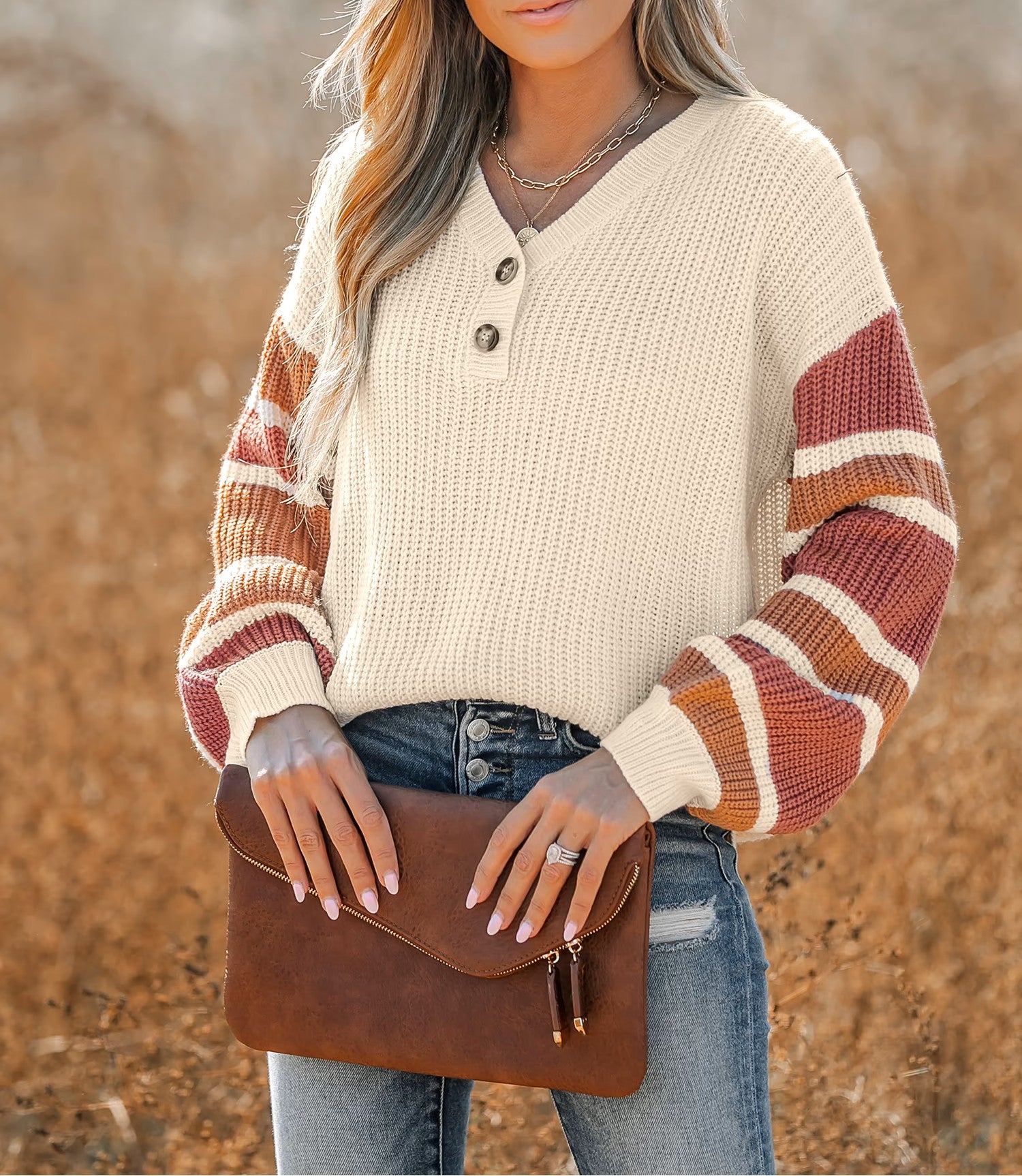 V‑Neck Partial Striped Button Accent Knit Sweater