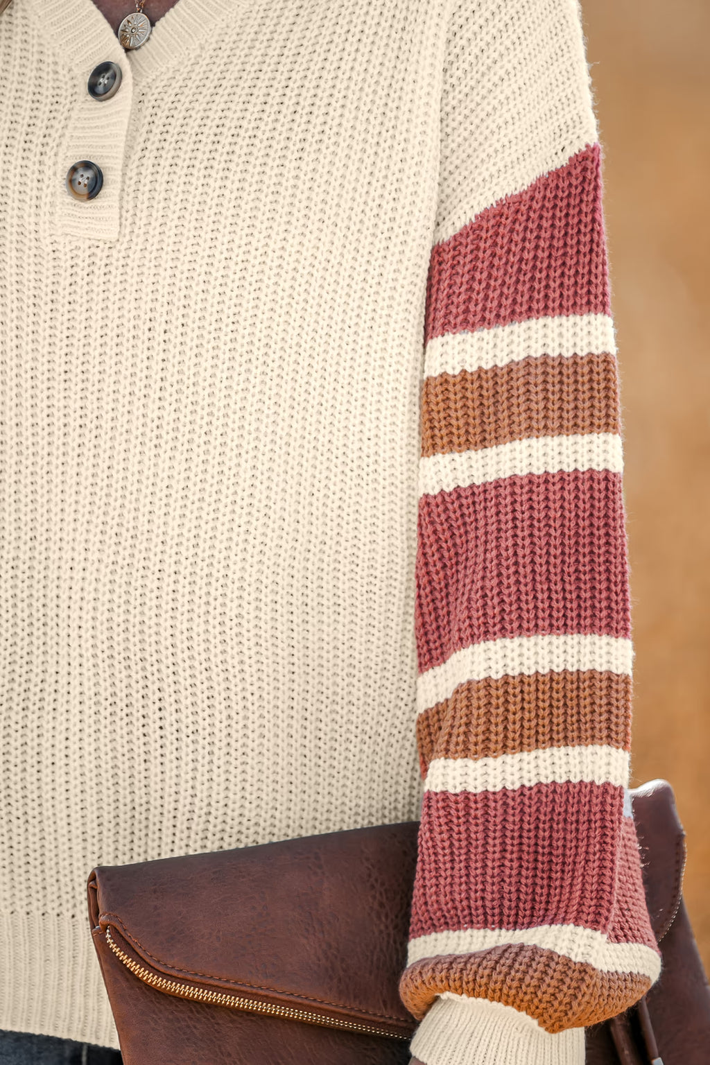 V‑Neck Partial Striped Button Accent Knit Sweater