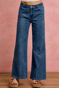 Mid‑Rise Seam Detail Wide‑Leg Stretch Denim Jeans