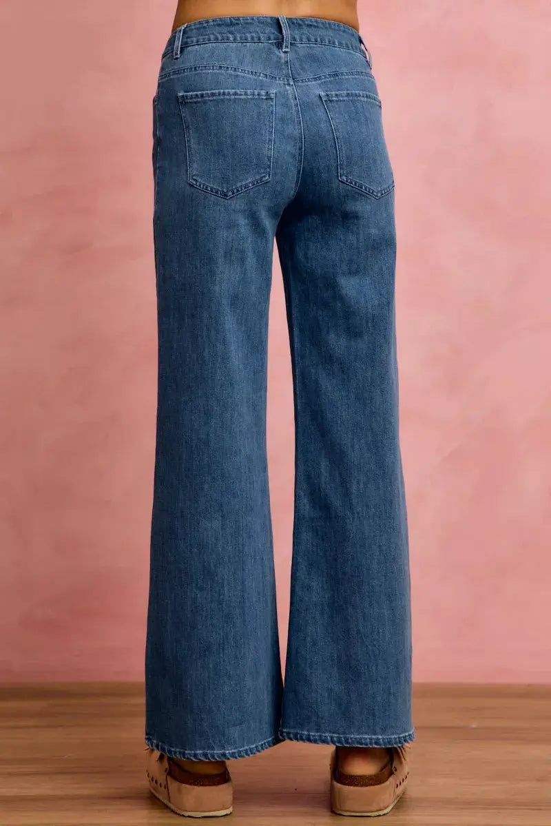 Mid‑Rise Seam Detail Wide‑Leg Stretch Denim Jeans
