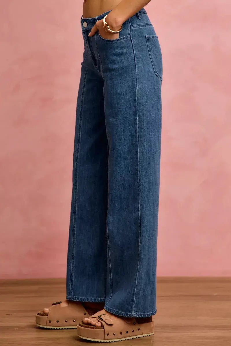 Mid‑Rise Seam Detail Wide‑Leg Stretch Denim Jeans