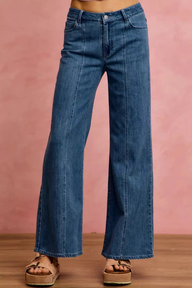 Mid‑Rise Seam Detail Wide‑Leg Stretch Denim Jeans