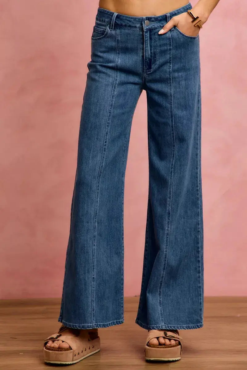 Mid‑Rise Seam Detail Wide‑Leg Stretch Denim Jeans